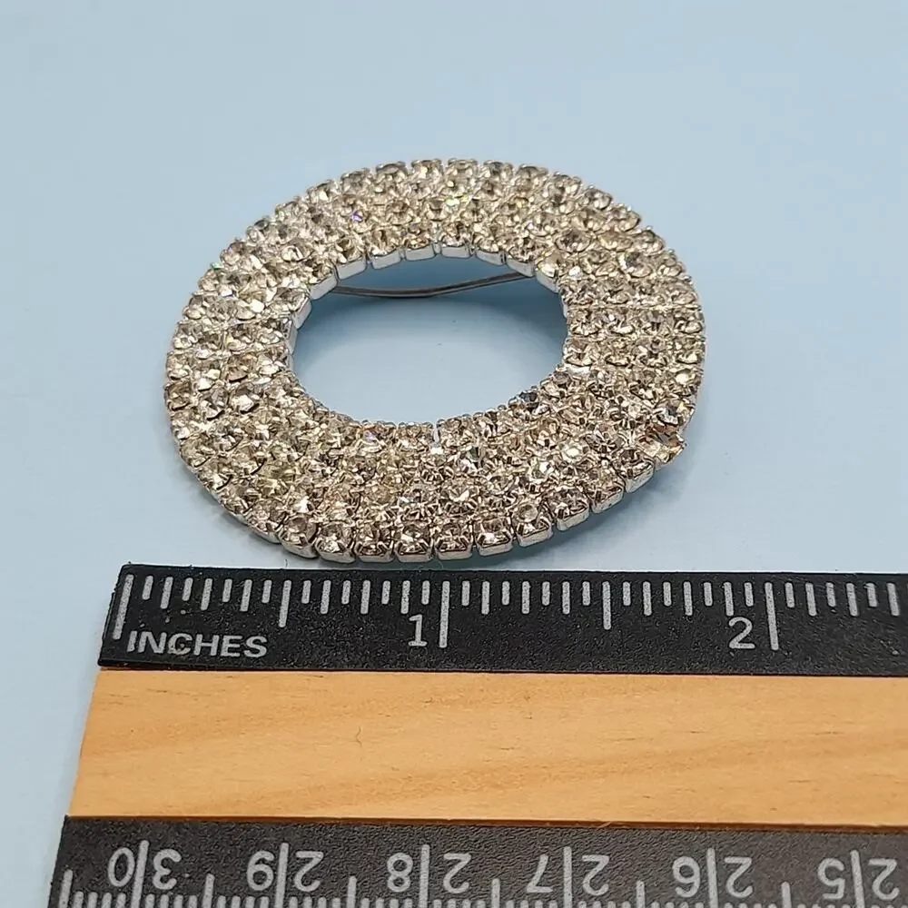 Vintage RMN Clear Rhinestone Oval Brooch, 1 7/8 Inches